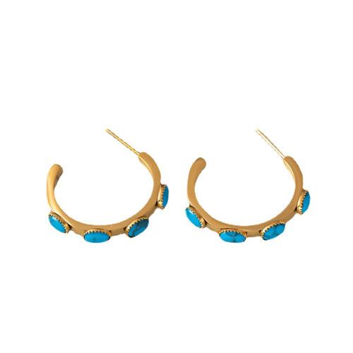 Titanium Steel Stud Earring, with turquoise, gold color plated & for woman, 30mm 