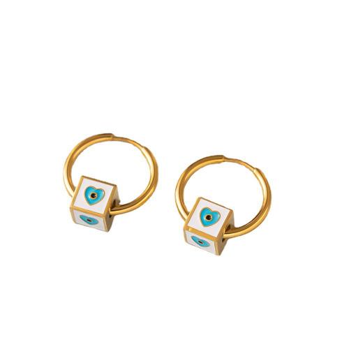 Titanium Steel Huggie Hoop Drop Earring, Cube, gold color plated, with heart pattern & for woman & enamel 20mm 