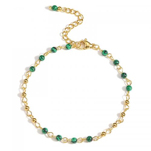 Stainless Steel Chain Bracelets, 304 Stainless Steel, with Malachite, with 4cm extender chain, Vacuum Ion Plating, fashion jewelry & for woman, golden Approx 18 cm 