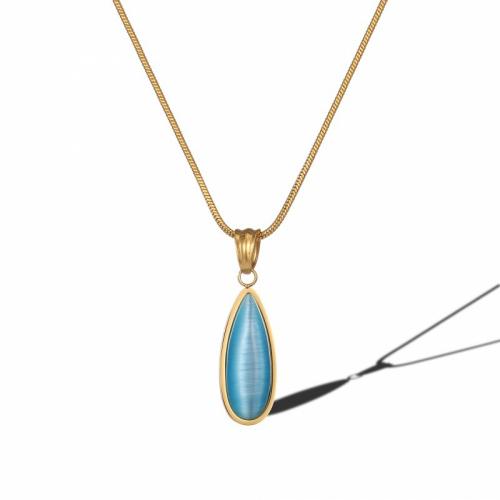 Titanium Steel Jewelry Necklace, with Cats Eye, with 5cm extender chain, Teardrop, Vacuum Ion Plating, fashion jewelry & for woman, blue, nickel, lead & cadmium free Approx 40 cm 