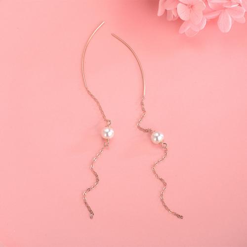 Sterling Silver Thread Through Earrings, 925 Sterling Silver, with Shell Pearl, rose gold color plated, fashion jewelry & for woman, 120mm 