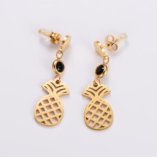 Stainless Steel Drop Earring, 316L Stainless Steel, Pineapple, fashion jewelry & for woman & with rhinestone, golden, 35mm 