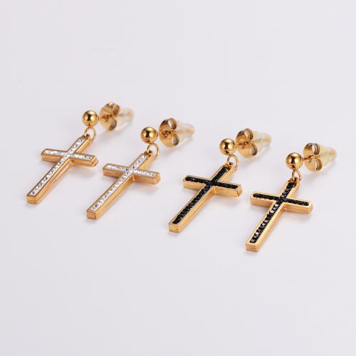 Stainless Steel Drop Earring, 316L Stainless Steel, Cross, fashion jewelry & for woman & with rhinestone, golden 