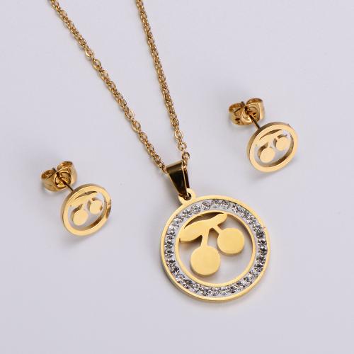 Rhinestone stainless steel Jewelry Set, 316L Stainless Steel, Stud Earring & necklace, 2 pieces & for woman & with rhinestone, golden, pendant 20*20mm, ear stud 10*10mm Approx 45 cm 