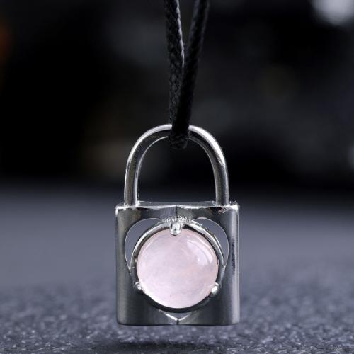 Gemstone Zinc Alloy Pendants, Natural Stone, with Zinc Alloy, Lock, silver color plated, DIY 