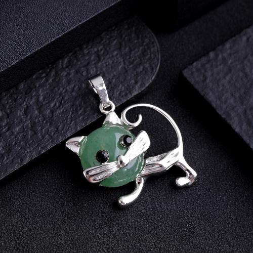 Gemstone Zinc Alloy Pendants, Natural Stone, with Zinc Alloy, Cat, silver color plated, DIY 
