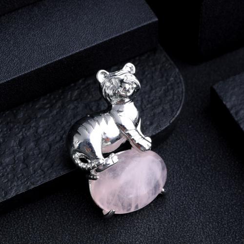 Gemstone Zinc Alloy Pendants, Natural Stone, with Zinc Alloy, Tiger, silver color plated, DIY 