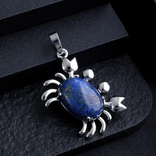 Gemstone Zinc Alloy Pendants, Natural Stone, with Zinc Alloy, Crab, silver color plated, DIY 