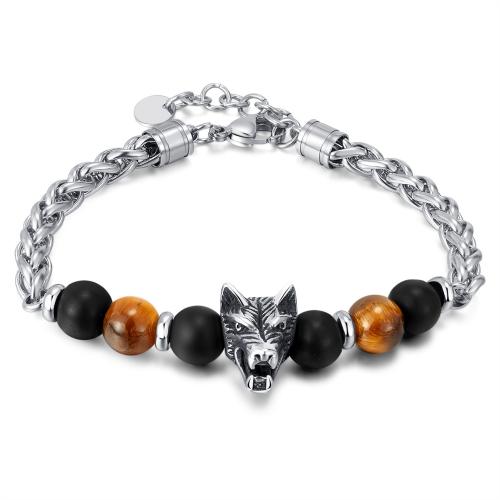 Gemstone Bracelets, 304 Stainless Steel, with Tiger Eye, with 40mm extender chain, polished, fashion jewelry & for man, original color Approx 200 mm 