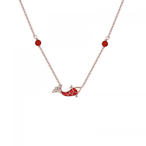Cubic Zircon Micro Pave Sterling Silver Necklace, 925 Sterling Silver, with Red Agate, with 5CM extender chain, plated, micro pave cubic zirconia & for woman & enamel, rose gold color Approx 40 cm 