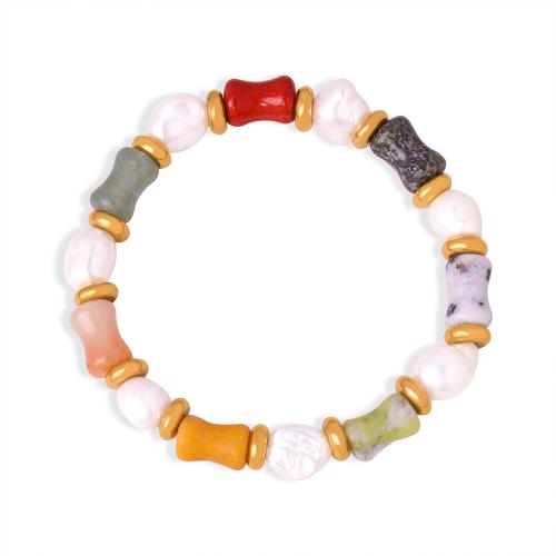 Gemstone Pearl Bracelets, Titanium Steel, with Natural Stone & Freshwater Pearl, handmade, for woman, multi-colored 