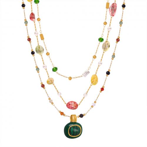 Fashion Multi Layer Necklace, Titanium Steel, with Natural Stone & Malachite & Plastic Pearl, handmade & for woman, golden 