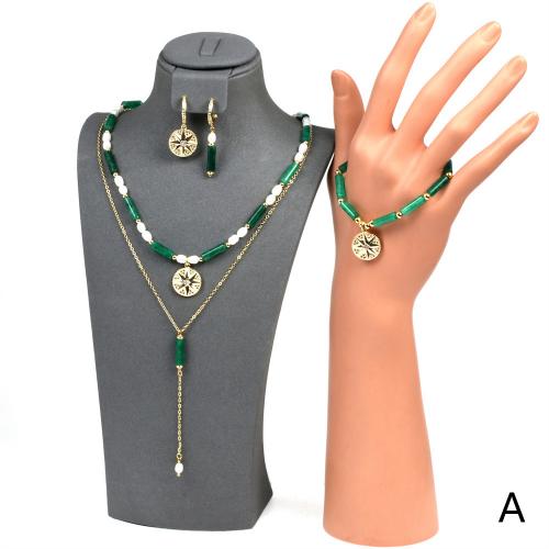 Cubic Zirconia Micro Pave Brass Jewelry Sets, with Gemstone & Green Agate & Freshwater Pearl  & micro pave cubic zirconia & for woman 