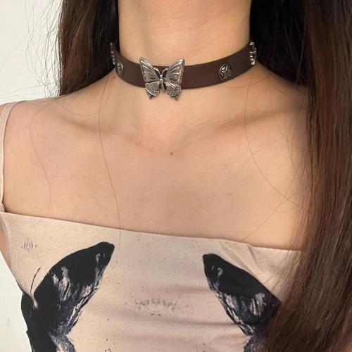 Zinc Alloy Choker Necklace, with PU Leather, Butterfly, vintage & for woman Approx 16 Inch 