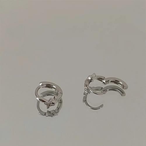 Brass Huggie Hoop Earring, silver color plated, for woman & with rhinestone, 20mm 