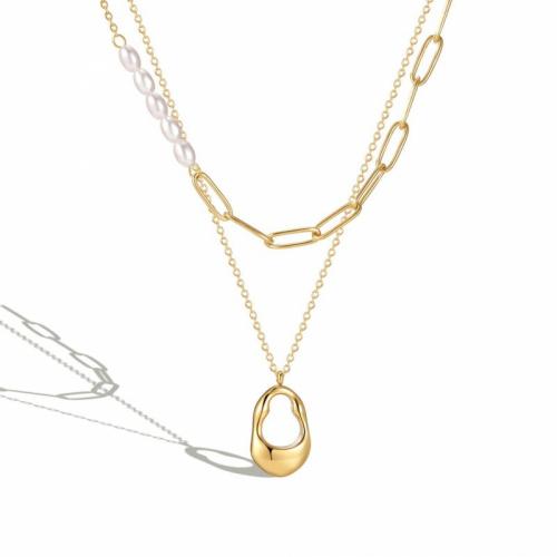Titanium Steel Jewelry Necklace, with Freshwater Pearl, with 5cm extender chain, Vacuum Ion Plating, Double Layer & fashion jewelry & for woman, golden, nickel, lead & cadmium free Approx 42 cm, Approx 52 cm 