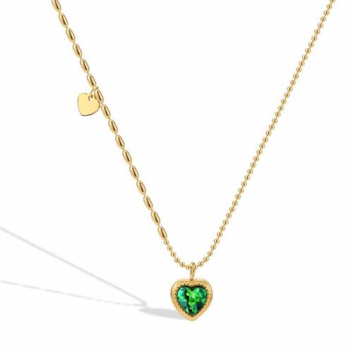 Titanium Steel Jewelry Necklace, with Cubic Zirconia, with 5cm extender chain, Heart, Vacuum Ion Plating, fashion jewelry & for woman, green, nickel, lead & cadmium free Approx 47 cm 