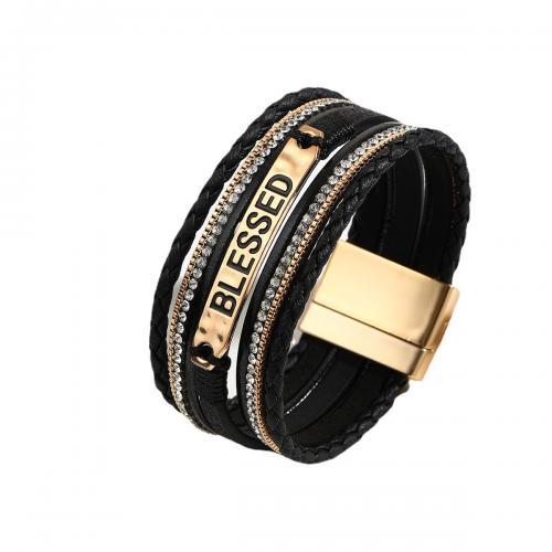 PU Leather Cord Bracelets, with Zinc Alloy, multilayer & Unisex & with rhinestone 27mm Approx 19.5 cm [