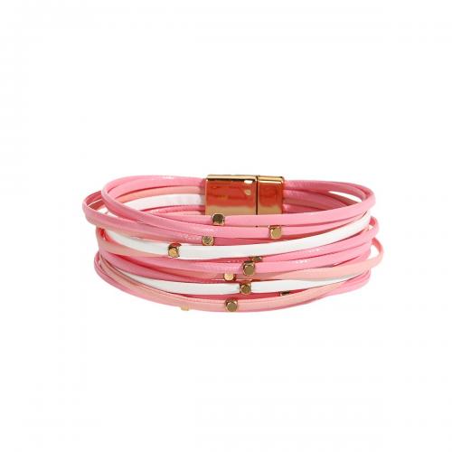 PU Leather Cord Bracelets, with Magnet, handmade, fashion jewelry & multilayer & for woman, pink, 25mm Approx 19.5 cm 