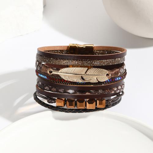 PU Leather Cord Bracelets, with Magnet & Zinc Alloy, handmade, multilayer & for woman & with rhinestone 34mm Approx 19.5 cm 
