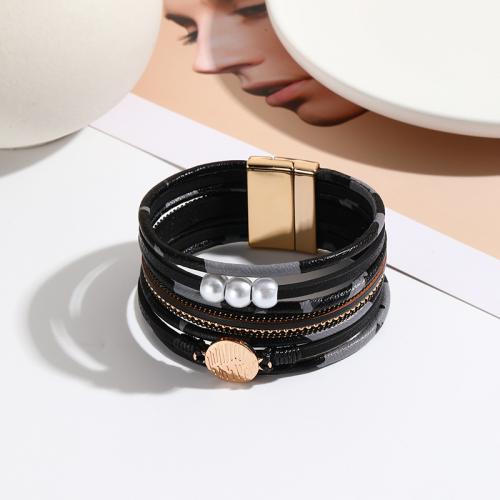 PU Leather Cord Bracelets, with Magnet & Plastic Pearl, fashion jewelry & multilayer & Unisex 30mm Approx 19.5 cm 