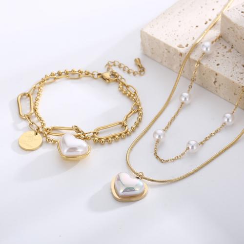 Fashion Stainless Steel Jewelry Sets, 304 Stainless Steel, with Plastic Pearl, Heart, Double Layer & for woman, golden 