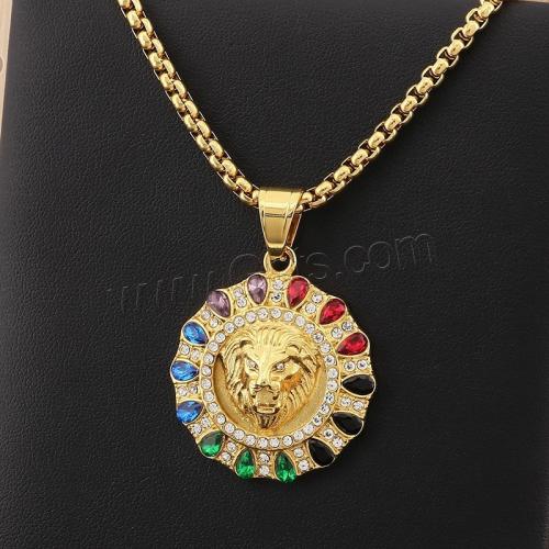 Cubic Zirconia Stainless Steel Necklace, 304 Stainless Steel, Lion, Vacuum Ion Plating, fashion jewelry & micro pave cubic zirconia & for man 