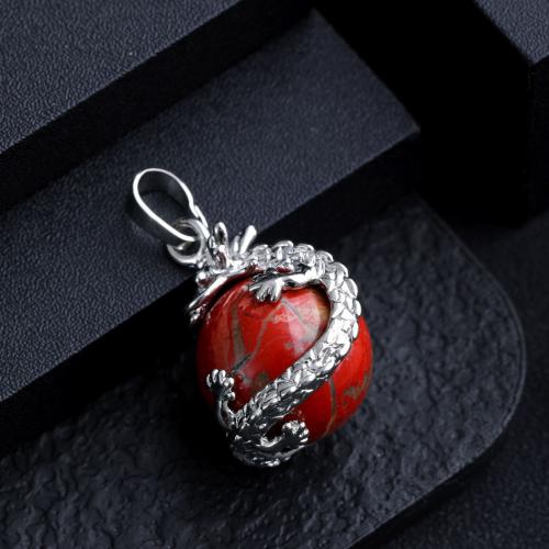 Gemstone Zinc Alloy Pendants, Natural Stone, with Zinc Alloy, Dragon, silver color plated, DIY 