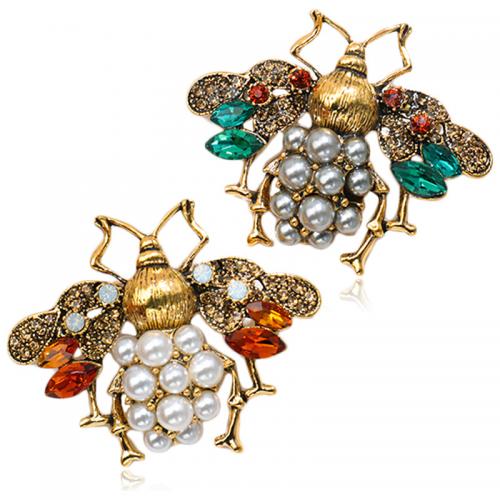 Plastic Pearl Brooch, Zinc Alloy, with Plastic Pearl, Bee, gold color plated, Unisex & with rhinestone 