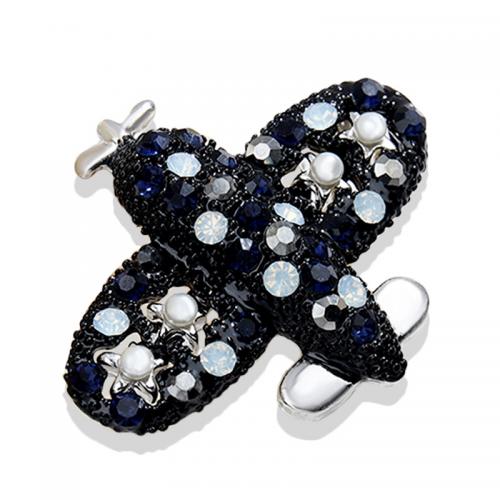Rhinestone Zinc Alloy Brooch, with Plastic Pearl, Airplane, silver color plated, for woman & with rhinestone, black 