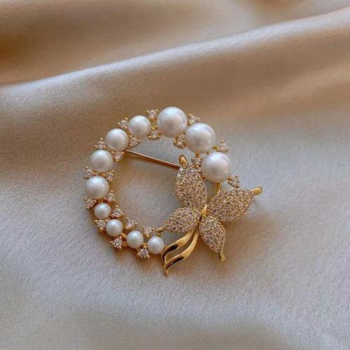 Plastic Pearl Brooch, Zinc Alloy, with Plastic Pearl, Butterfly, gold color plated, for woman & with rhinestone, white, 42mm 