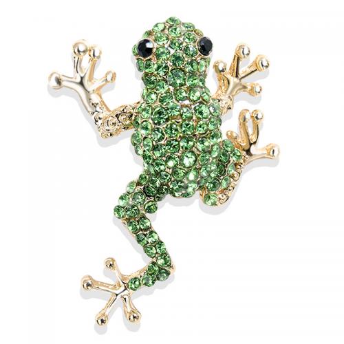Rhinestone Zinc Alloy Brooch, Frog, gold color plated, for woman & with rhinestone, green 