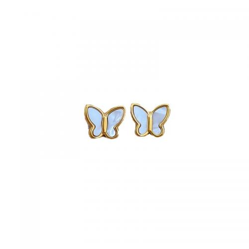 Titanium Steel Stud Earring, with White Shell, Butterfly, gold color plated, fashion jewelry & for woman 