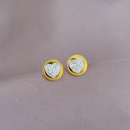 Titanium Steel Stud Earring, Round, plated, for woman & with rhinestone, 12mm 