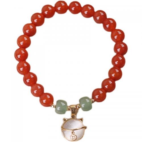 красный агат браслет, с кошачий глаз & Зеленый авантюрин & цинковый сплав, Кошка, Связанный вручную, Корейский стиль & Женский, beads length 8mm, длина:Приблизительно 6 дюймовый, продается PC