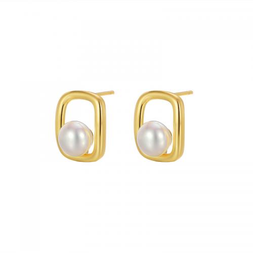 Brass Stud Earring, with Plastic Pearl, fashion jewelry & for woman & hollow, golden 