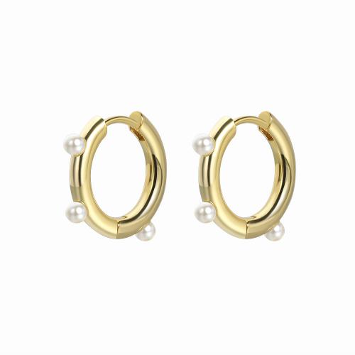 Brass Huggie Hoop Earring, with Plastic Pearl, fashion jewelry & for woman 21mm 