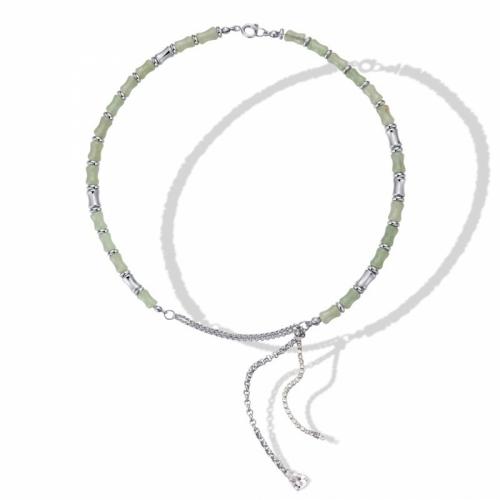 Titanium Steel Jewelry Necklace, with Dyed Jade, fashion jewelry & for woman & with rhinestone, green, nickel, lead & cadmium free, 7mm Approx 45 cm 