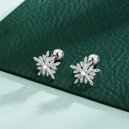 Sterling Silver Stud Earring, 925 Sterling Silver, Snowflake, fashion jewelry & for woman & with rhinestone 