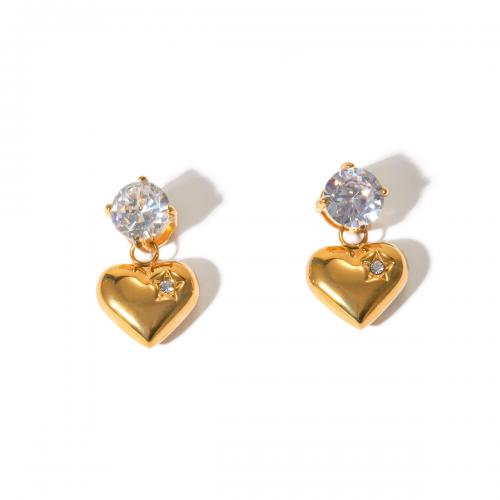 Stainless Steel Drop Earring, 304 Stainless Steel, Heart, 18K gold plated, fashion jewelry & micro pave cubic zirconia & for woman, golden 