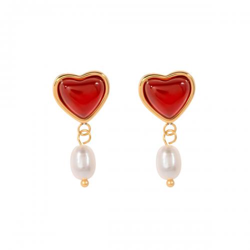Stainless Steel Drop Earring, 304 Stainless Steel, with Red Agate & Plastic Pearl, Heart, 18K gold plated, fashion jewelry & for woman, golden, 25mm 