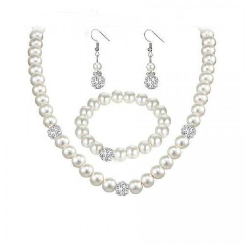 Ensembles-cadeaux bijoux, perle de plastique, Bracelet & boucle d'oreille & collier, trois pièces & pour femme & avec strass, blanc, necklace 43cm, Bracelet 19.2cm, earring 4cm, Vendu par fixé