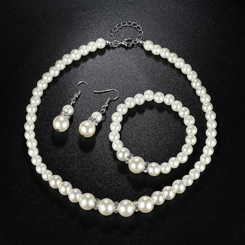 Ensembles-cadeaux bijoux, perle de plastique, Bracelet & boucle d'oreille & collier, trois pièces & pour femme & avec strass, necklace 43cm, Bracelet 19.2cm, earring 4cm, Vendu par fixé