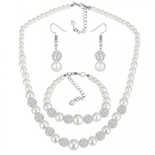 Jewelry Gift Sets, Plastic Pearl, bracelet & earring & necklace, three pieces & for woman & with rhinestone, necklace 43cm, Bracelet 19.2cm, earring 3.8cm 