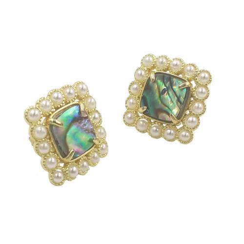 Freshwater Shell Earring, Brass, with Shell & Plastic Pearl, Square, gold color plated, fashion jewelry & for woman 
