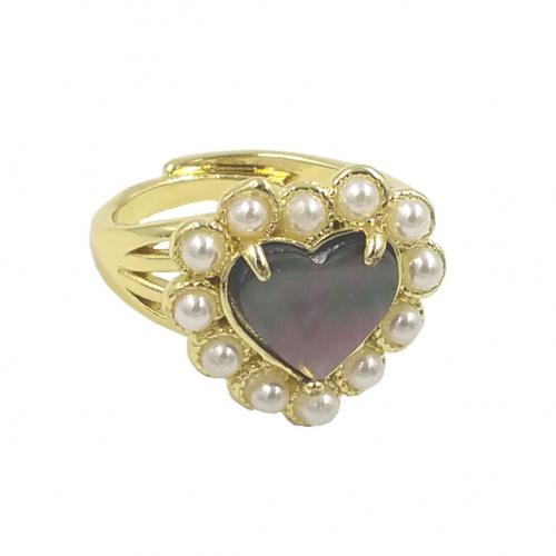 Shell Finger Ring, Brass, with Shell & Plastic Pearl, Heart, gold color plated, Adjustable & fashion jewelry & for woman US Ring 