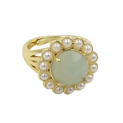 Gemstone Brass Finger Ring, with Natural Stone & Plastic Pearl, gold color plated, Adjustable & fashion jewelry & for woman US Ring 