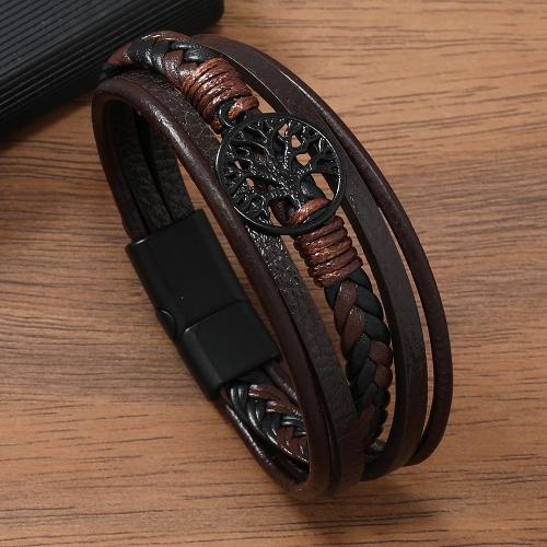 PU Leather Cord Bracelets, with Zinc Alloy, Tree, plumbum black color plated, vintage & for man .5 cm 