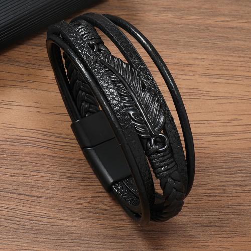 PU Leather Cord Bracelets, with Zinc Alloy, Leaf, plumbum black color plated, vintage & for man .5 cm 