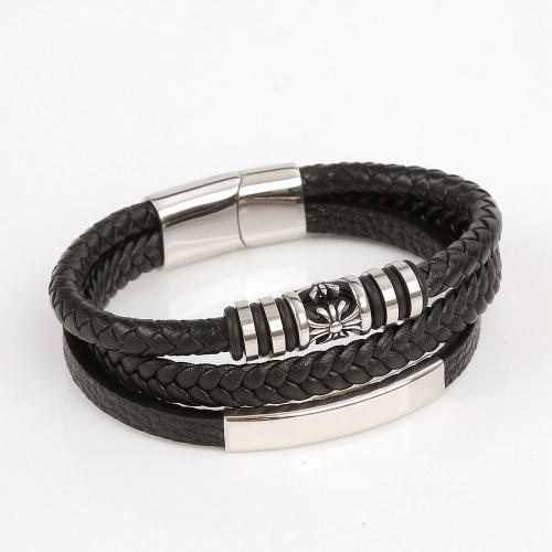 PU Leather Cord Bracelets, with 304 Stainless Steel, vintage & for man, black .5 cm 